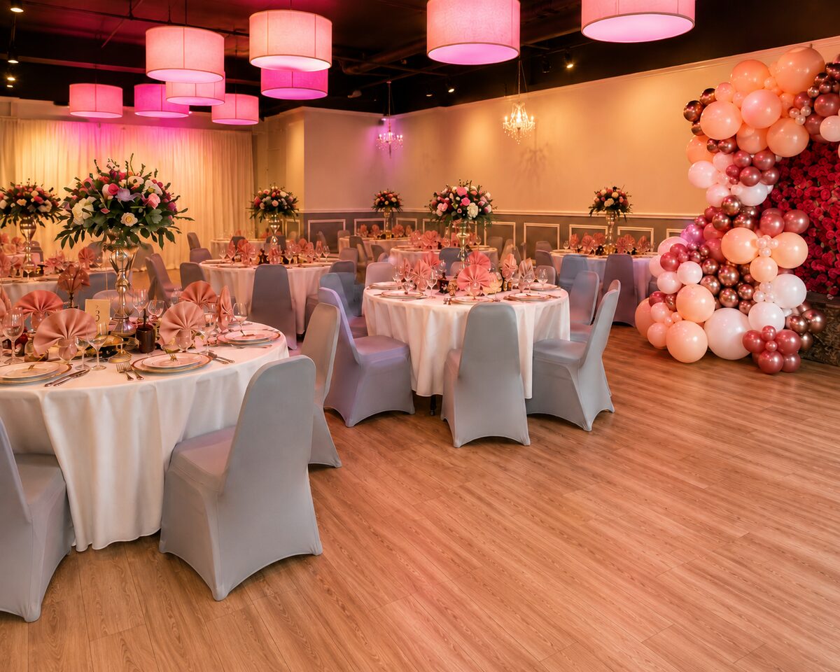 Elijah's banquet room set with round tables and balloons for a milestone birthday