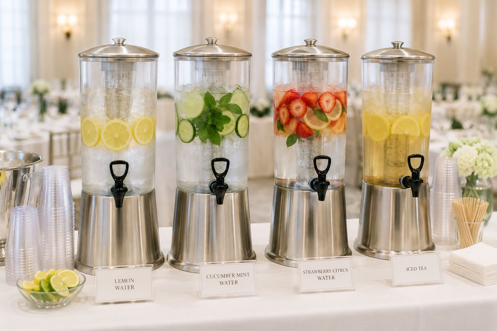 Beverage station with drinks and cups at a catered event