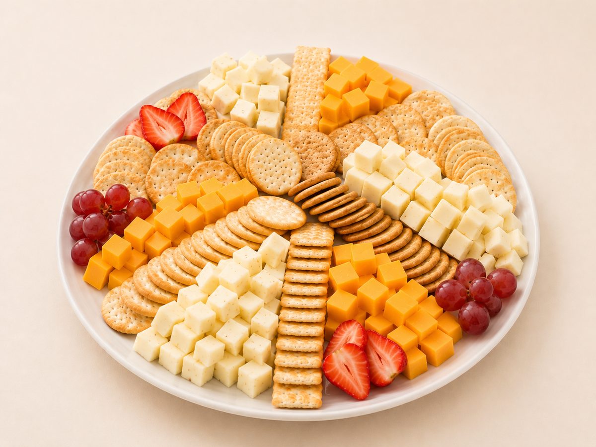 Cheese and cracker platter with grapes and fresh fruit