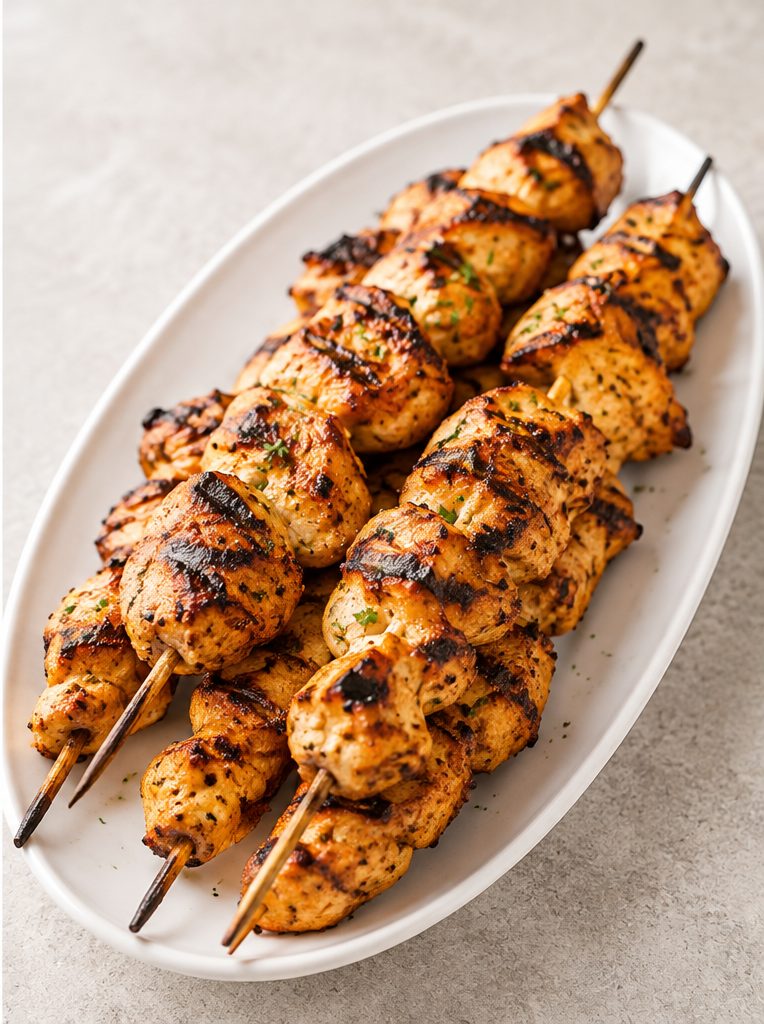 Grilled chicken skewers on an hors d'oeuvres tray