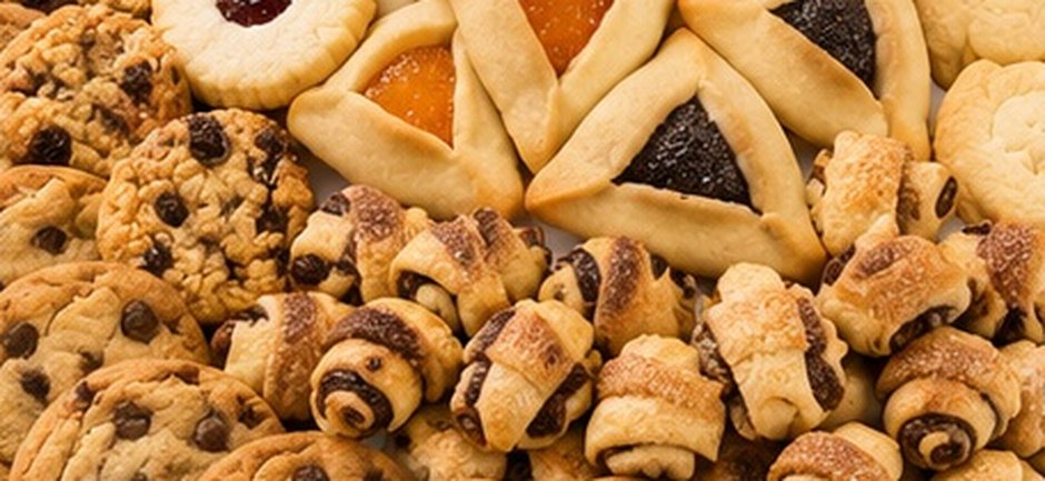 Cookie tray with homemade cookies, rugelach and hamentashen