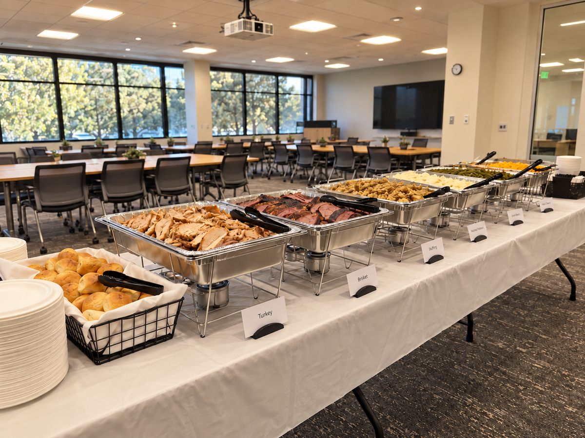 Holiday catering buffet with carved turkey, sliced brisket and sides set up in a San Diego office