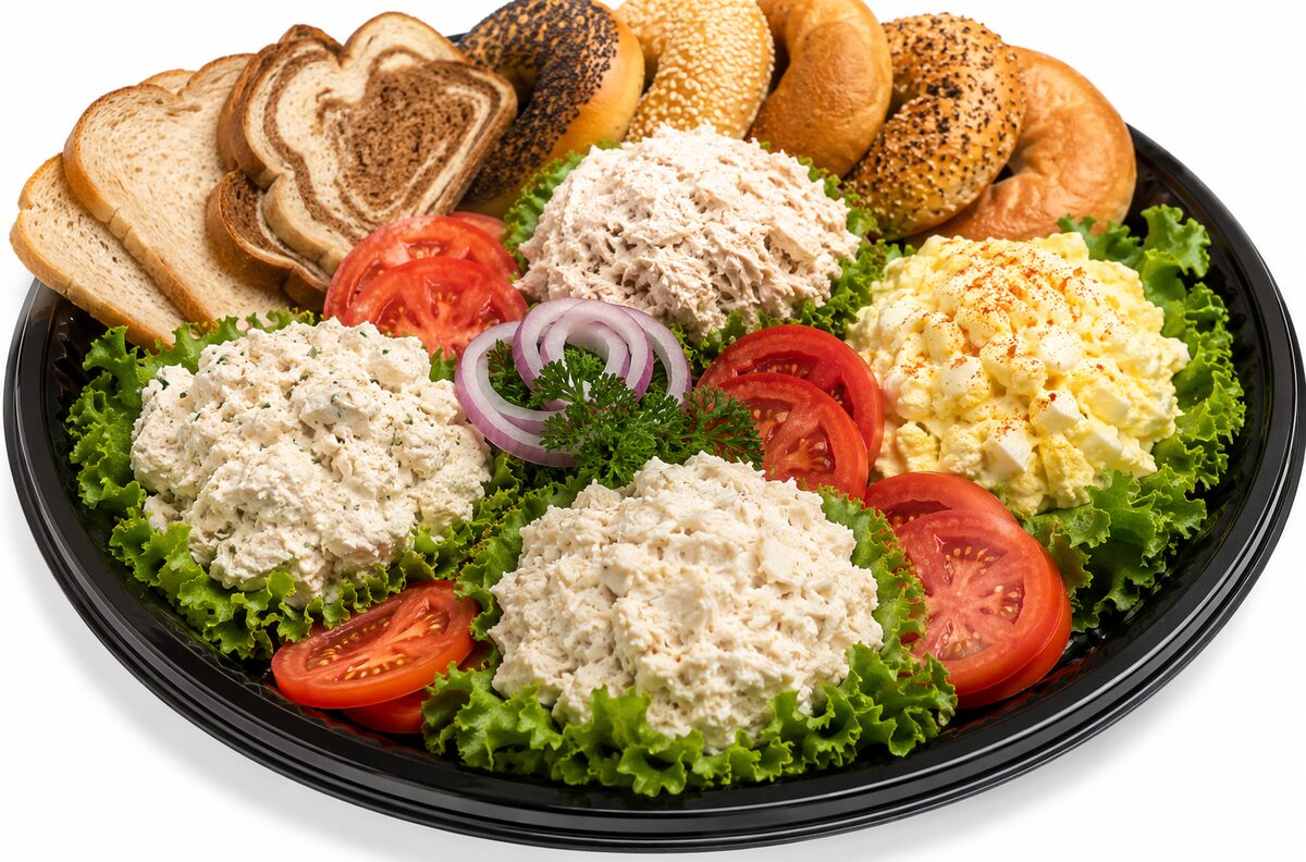 Deli salad platter with tuna salad, chicken salad and egg salad