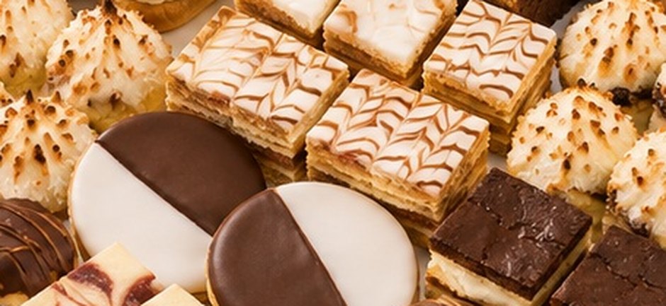 Premium dessert tray with napoleons, black and white cookies, macaroons and brownies