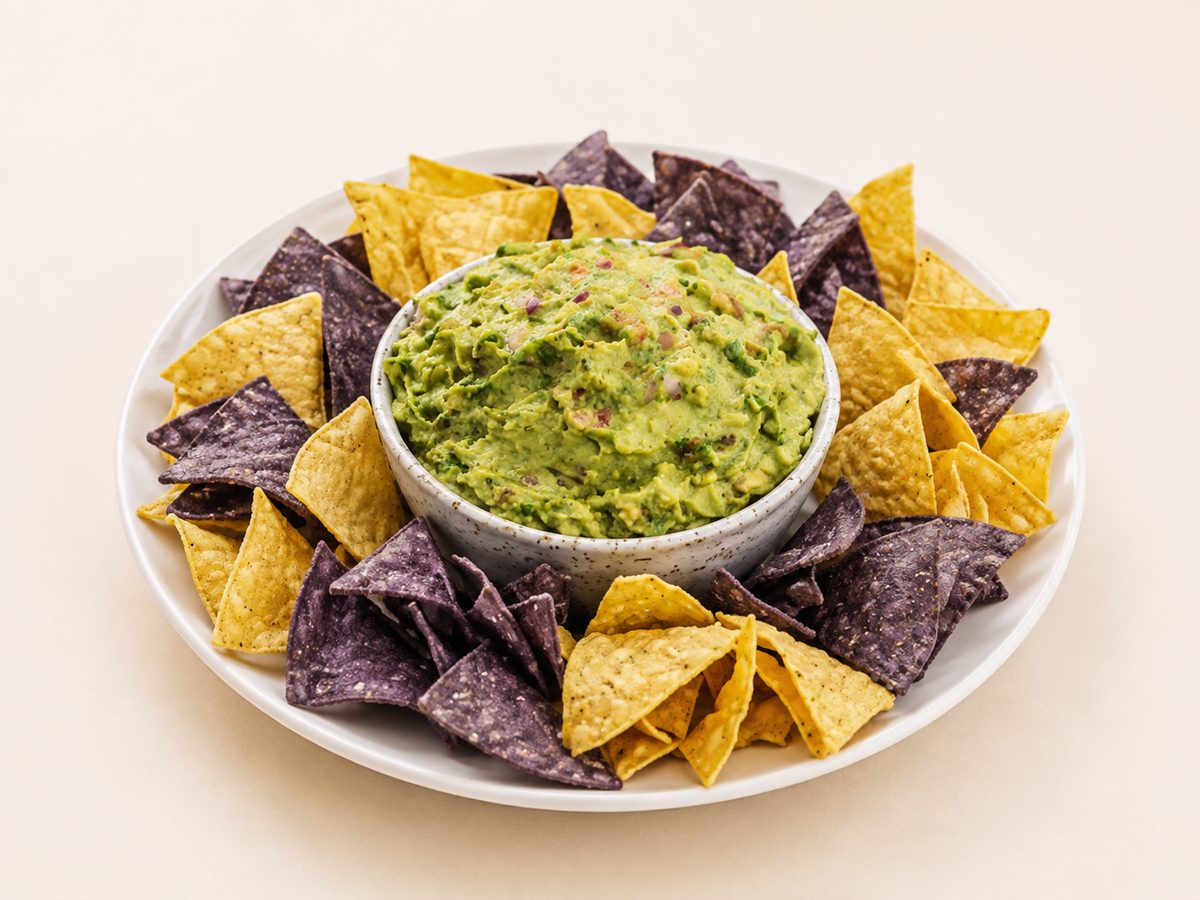 Guacamole and tortilla chips tray