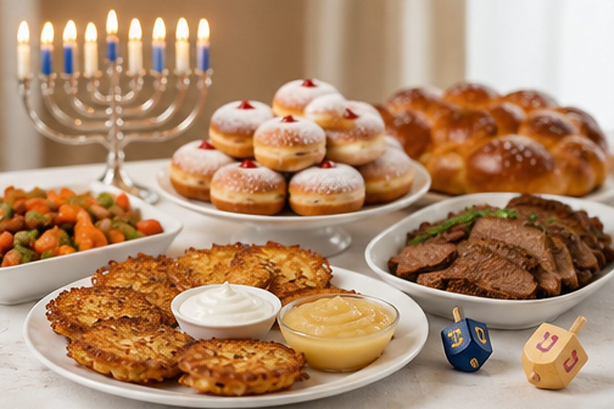 Hanukkah party table with menorah, latkes and sufganiyot