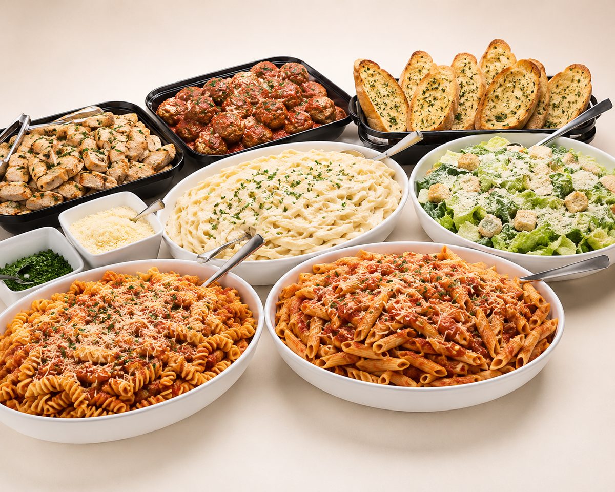 Italian pasta bar with penne, meatballs, Caesar salad and garlic bread