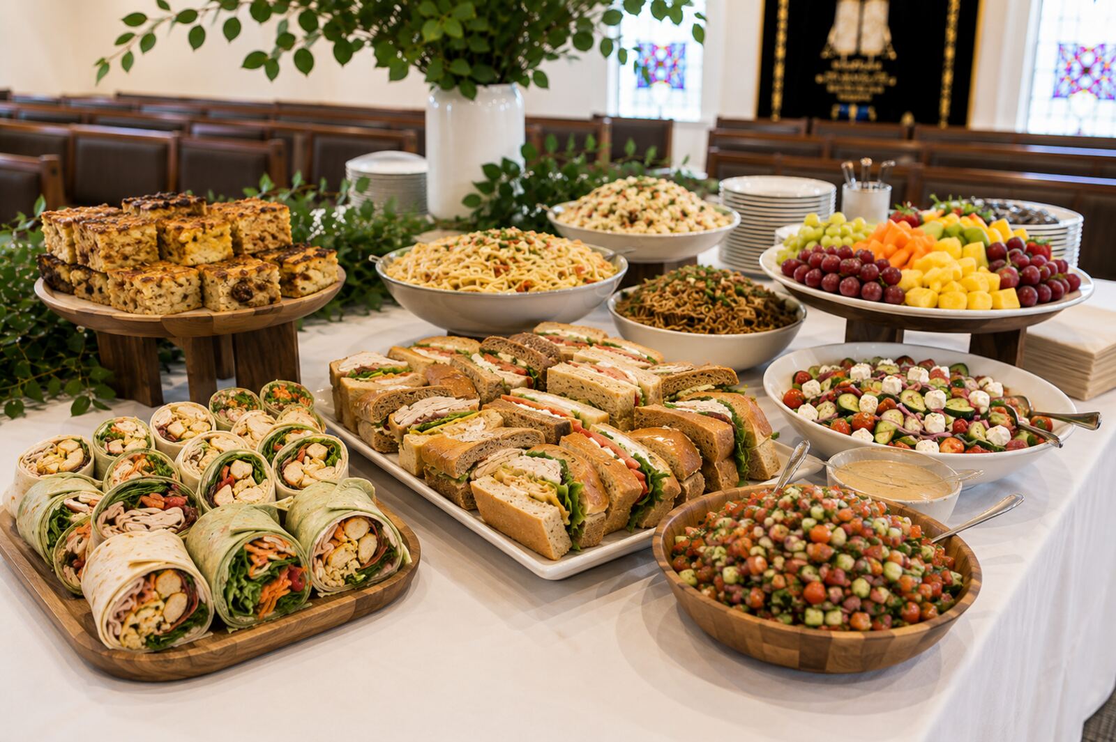 Kiddush luncheon deli buffet with sandwiches, wraps and salads