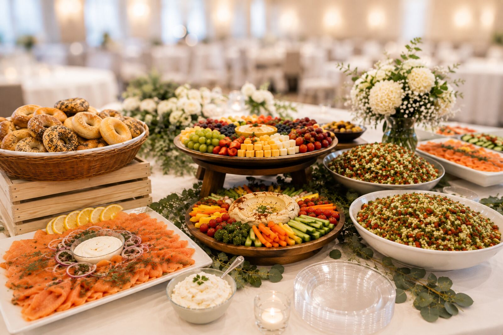 Grand kiddush buffet spread on a long table