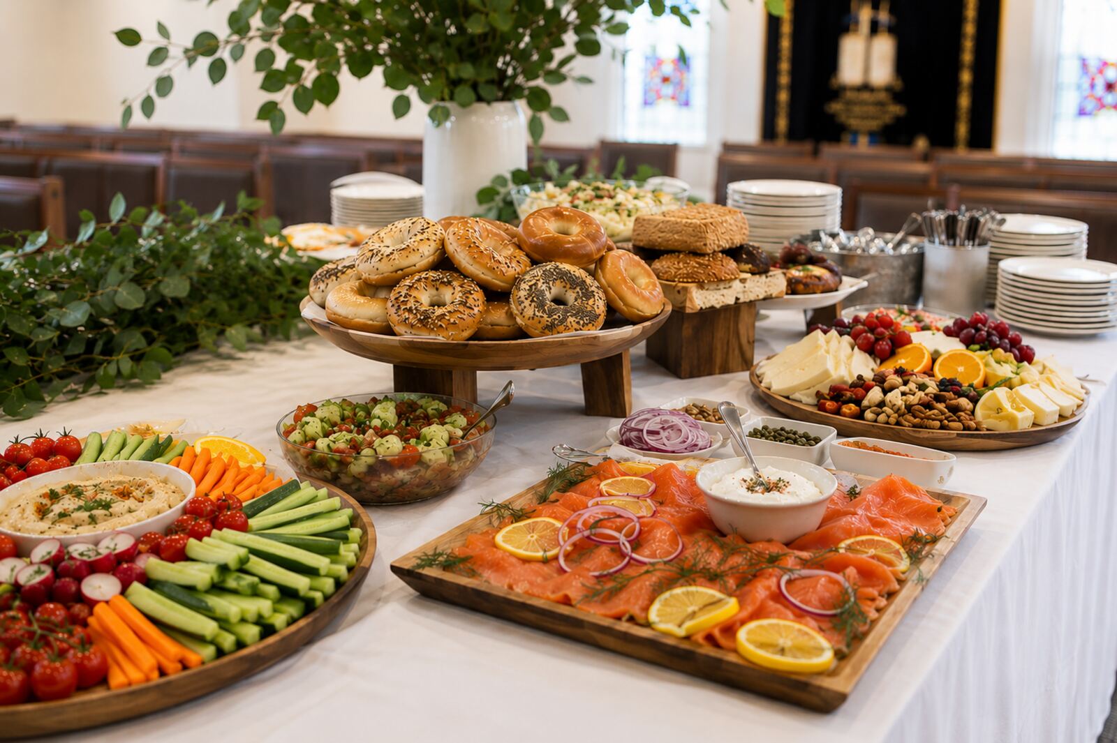 Classic kiddush luncheon with bagels, lox and salads