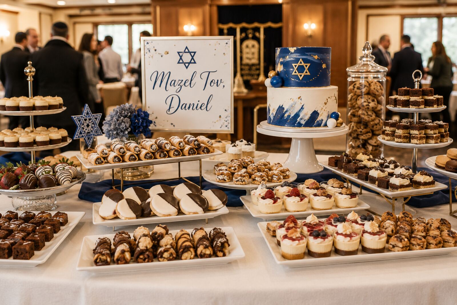 Mitzvah sweet table with cookies, desserts and a celebration cake