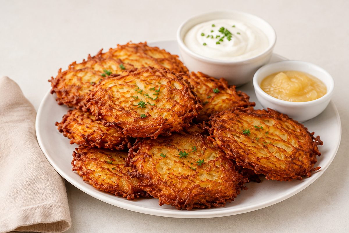 Crispy potato latkes with sour cream and applesauce