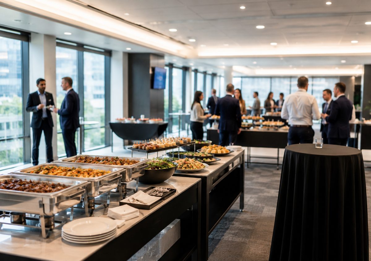 Reception catering spread with platters and hors d'oeuvres
