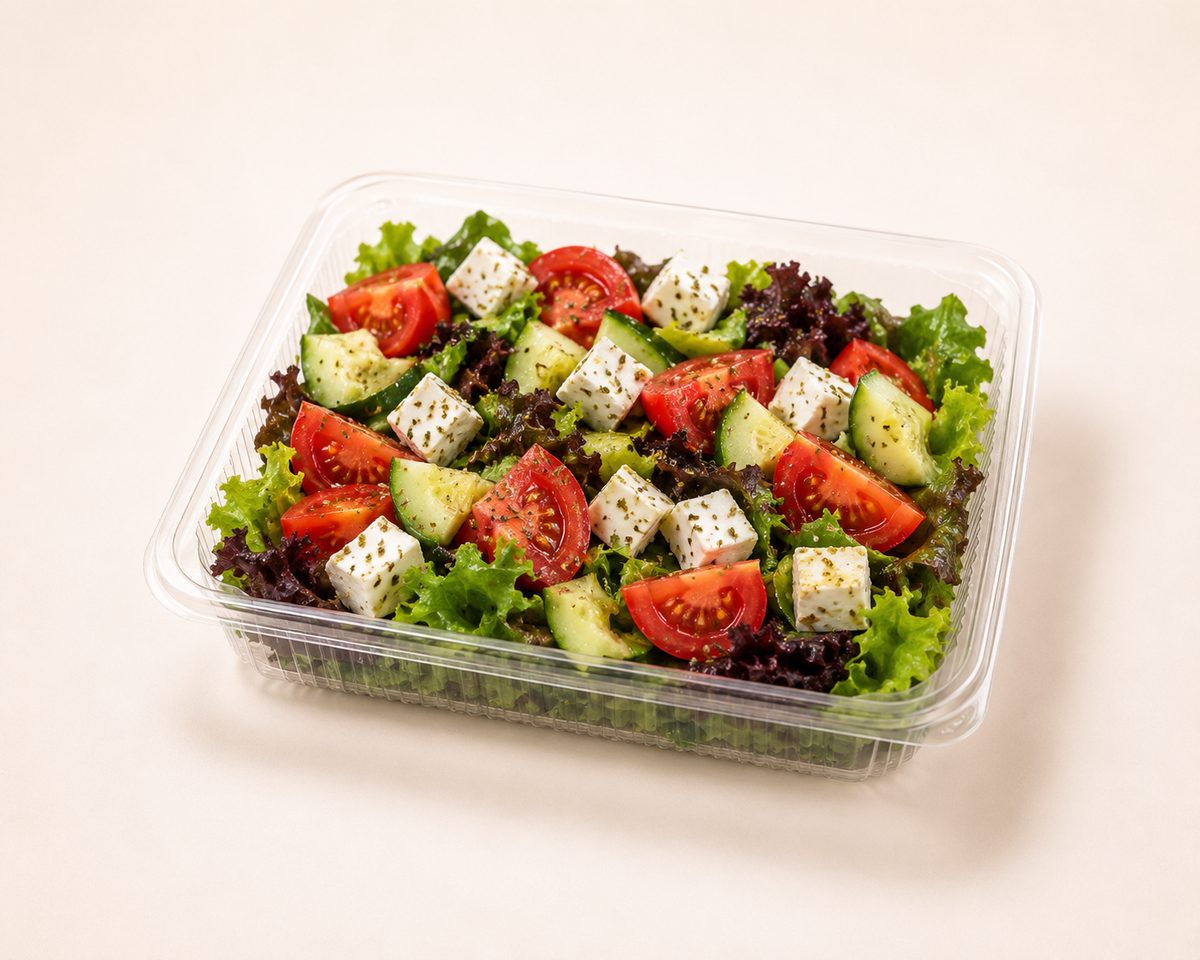 Salad box lunch with tomatoes, cucumber and feta