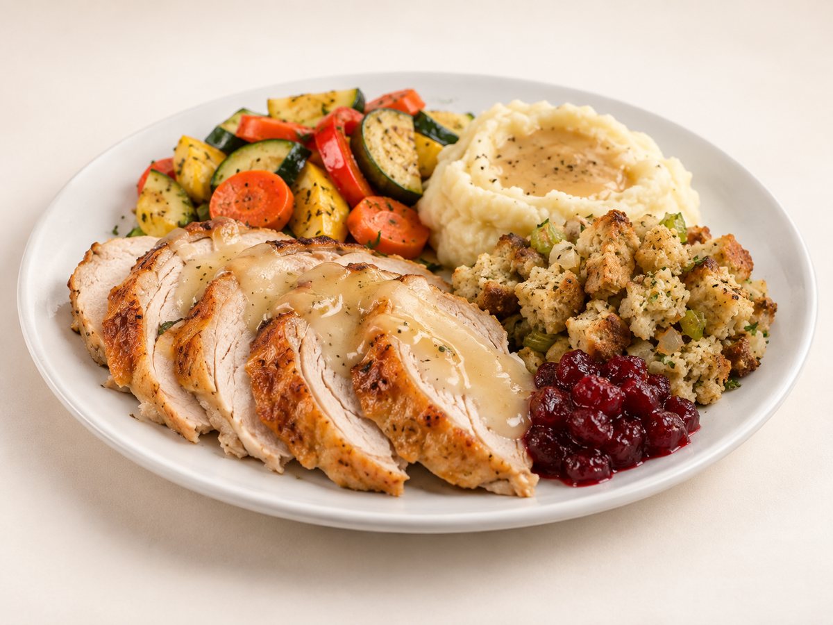 Thanksgiving dinner special plated at Elijah's Restaurant: carved turkey with gravy, stuffing, mashed potatoes, vegetables and cranberry sauce